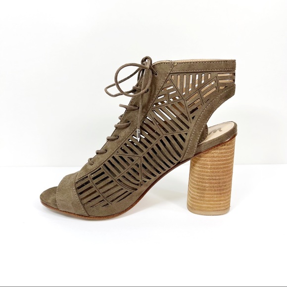 Sam Edelman Rocco Lace Up Heel Sandals Taupe Laser Cut Faux Suede Booties - Picture 2 of 10